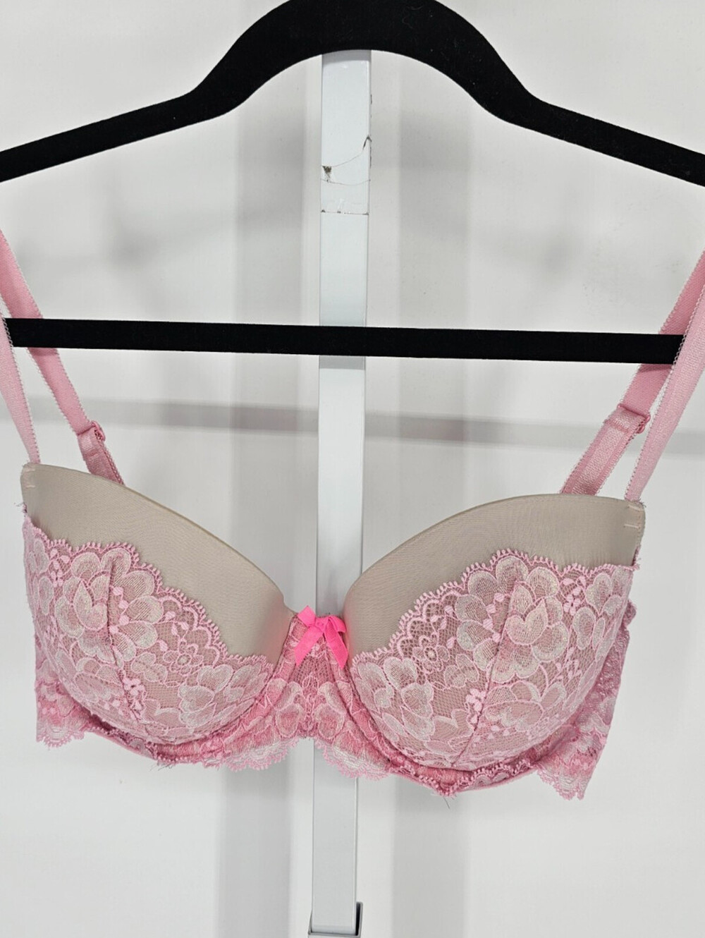 Dream Angels by Victorias Secret Sz 34D Lined Demi Bra Beige w/ Pink Lace